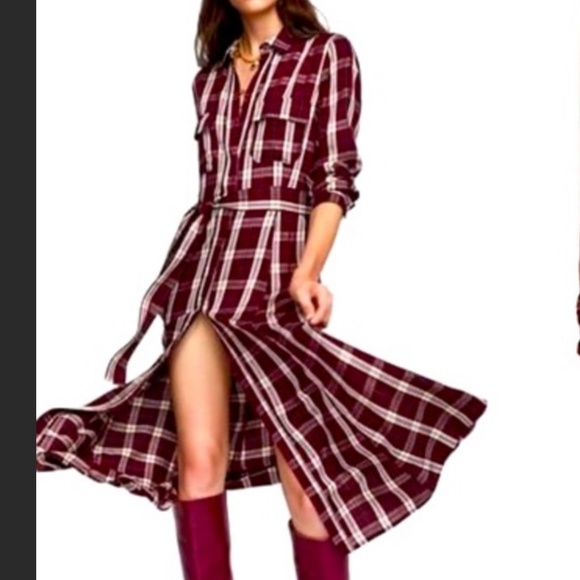 Zara Dresses & Skirts - Zara Plaid Dress Long Sleeve Button Front Belted Red White Print Maxi Length XS
